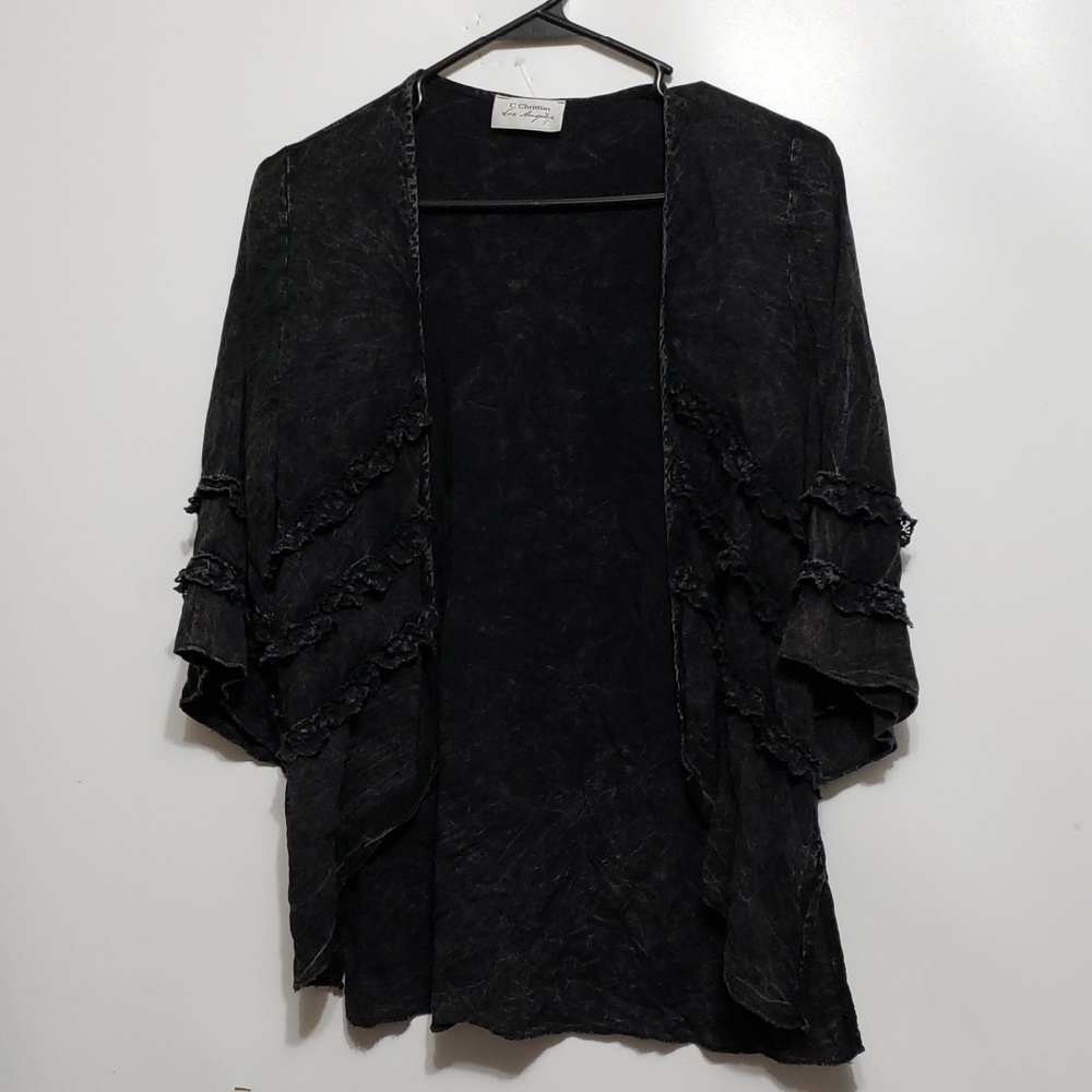 C Christian Gothic Los Angeles Acid-Wash Open Front Black Ruffled Cardigan‎